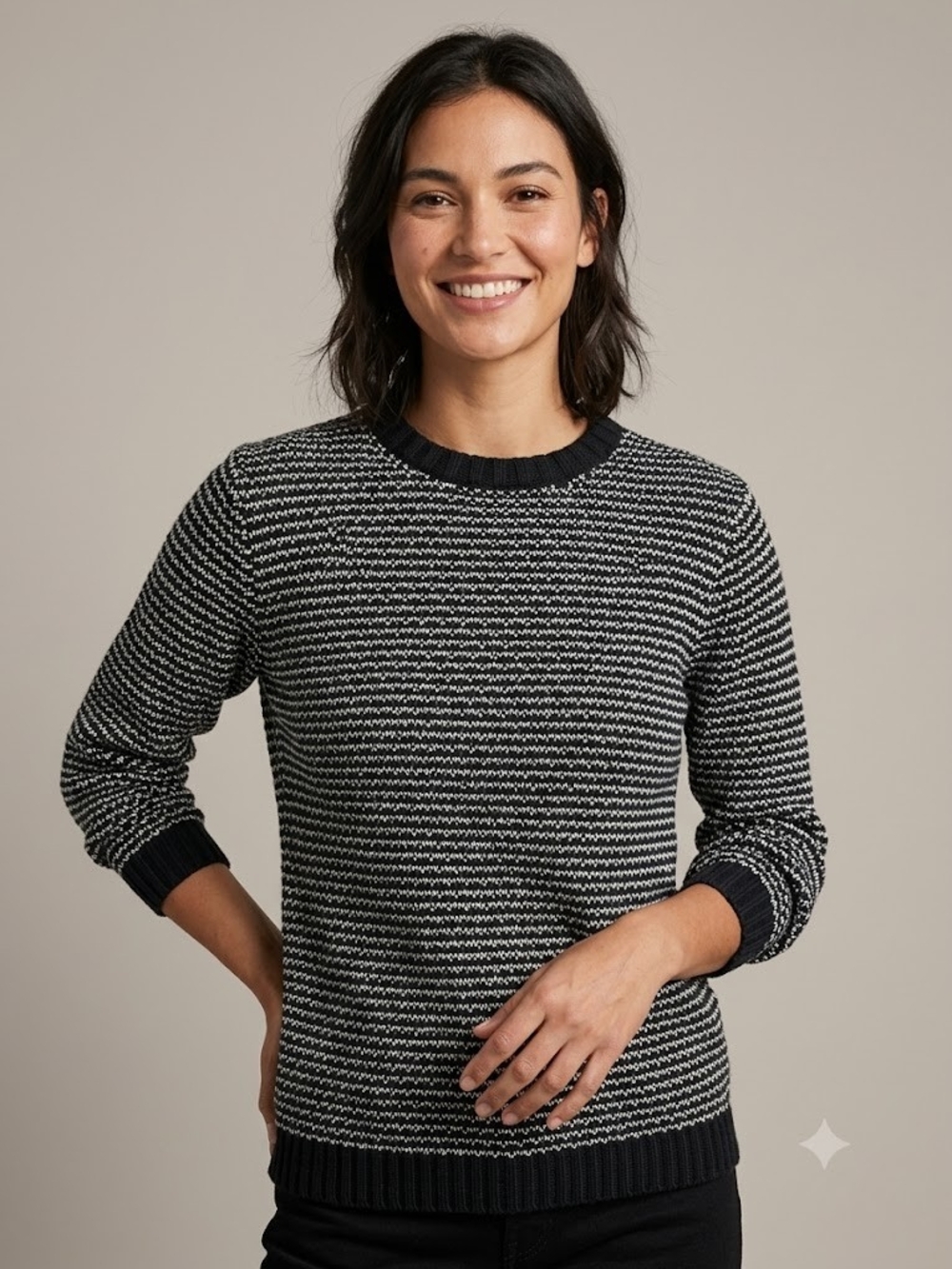 Esprit Black White Textured Knit Sweater Fall Winter Coastal Grandma Crewneck